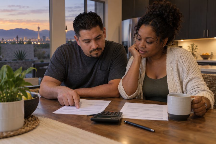 A man and a woman at a kitchen table in a Las Vegas home look over printed loan papers with a calculator and a pen, with the city skyline at dusk in the window behind them