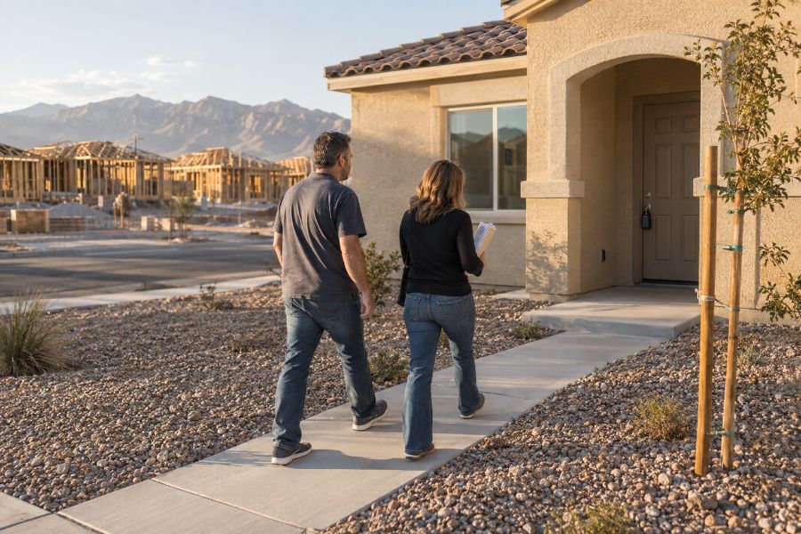 A man and a woman walk up the new concrete path of a finished beige stucco home with a tile roof and a gravel yard, while wood-framed houses still under construction stand across the street below desert mountains