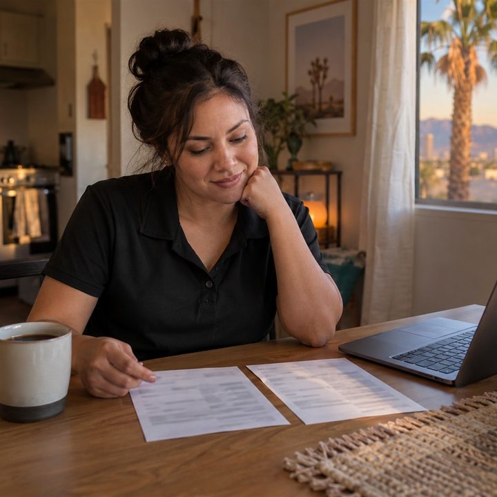 A woman in a dark work polo sits at her kitchen table in a Las Vegas apartment at sunset, comparing two pay stubs beside a laptop and a mug of coffee, with palm trees and the city visible through the window