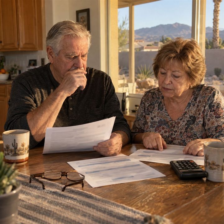 A retired man and woman sit at a wooden kitchen table in a Las Vegas home in late afternoon light, reading a benefits letter and a pension statement beside a calculator, reading glasses and two coffee mugs, with desert landscaping and mountains outside the window