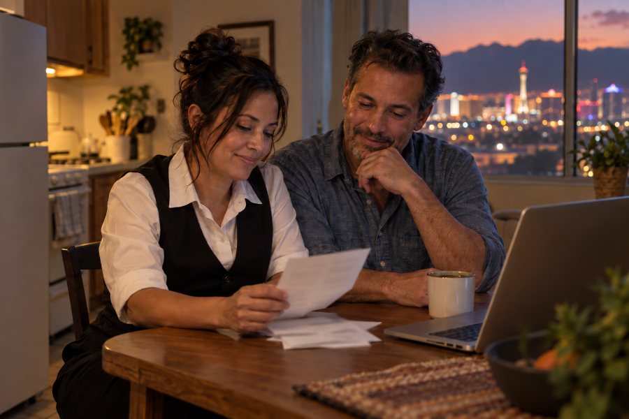 A woman in a black server's vest reads a pay stub at a kitchen table while a man beside her looks on, with a laptop, a coffee mug and the Las Vegas skyline at dusk in the window behind them