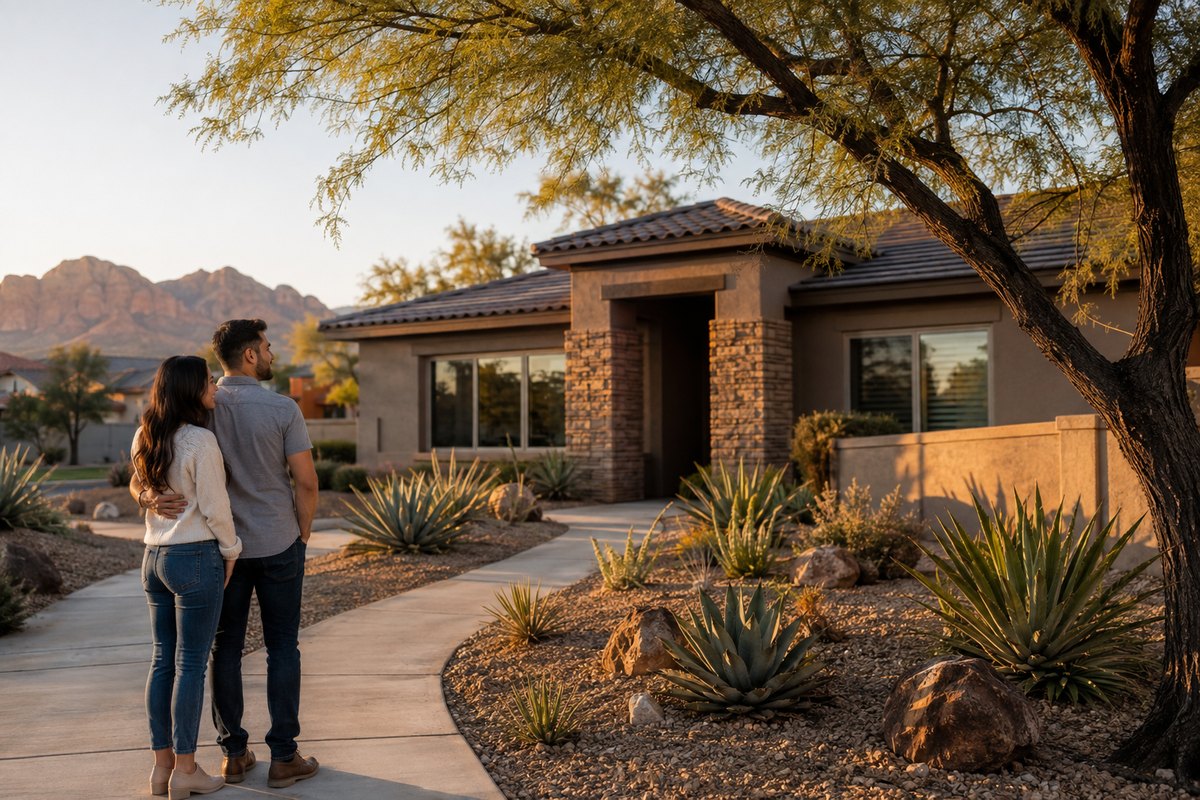 A couple standing on the front walkway of an established single-story stucco home in a mature Las Vegas neighborhood at golden hour