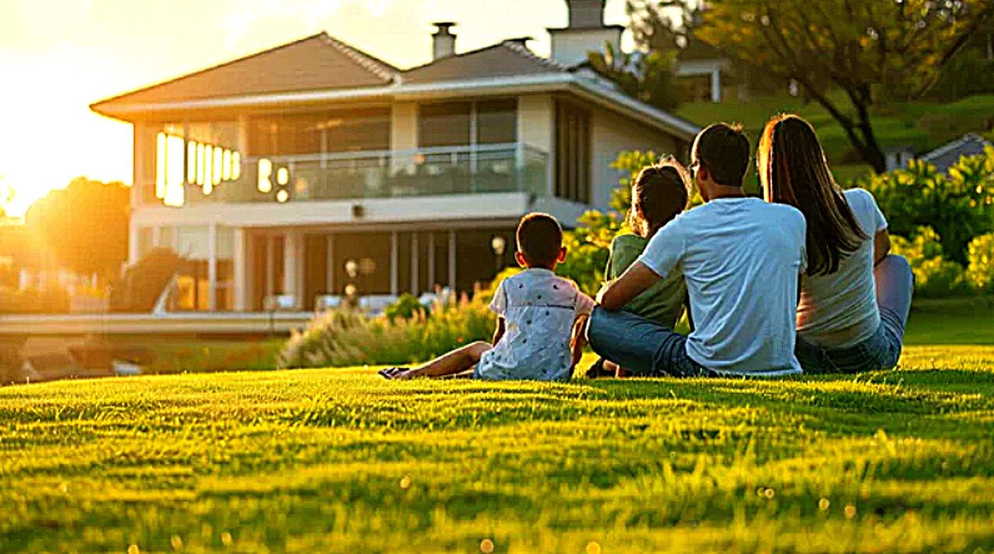 A man, a woman, and their two children sit together on a lawn at sunset looking toward a two-story house