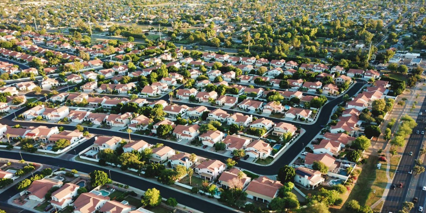 An aerial view of a master-planned Las Vegas valley neighborhood where FHA buyers shop